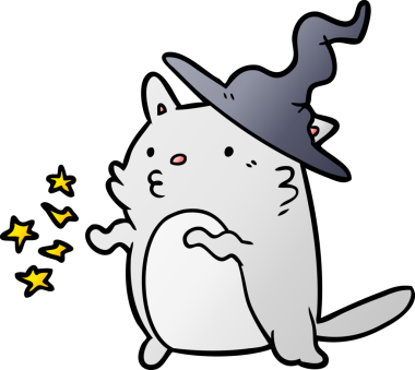 Bir insan tarafından çizilmiş büyüleyici çizgi film kedi sihirbazı.