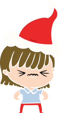 Bir insan tarafından çizilmiş Noel Baba şapkası giymiş bir kızın çizilmiş düz renk çizimi.