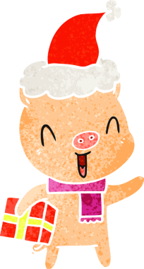 Mutlu el çizimi, Noel Baba şapkası takan bir domuzun insan çizimi.