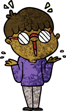 Bir insan tarafından çizilmiş gözlük takan çizgi film çocuğu.