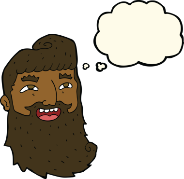 Bir insan tarafından çizilmiş düşünce baloncuğuyla gülen sakallı bir adam.