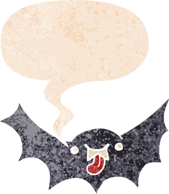 Konuşma baloncuğu olan çizgi vampir yarasa bir insan tarafından çizilmiş dertli retro tarzı