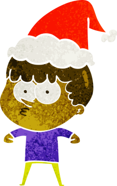 Bir insan tarafından çizilmiş Noel Baba şapkası takan meraklı bir çocuğun el çizimi karikatürü.