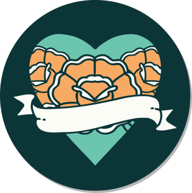 Geleneksel kalp stili dövme çıkartması ve bir insan tarafından çizilmiş çiçekli pankart.