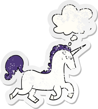 Düşünce baloncuklu tek boynuzlu at dertli bir çıkartma gibi bir insan tarafından çizilmiş.