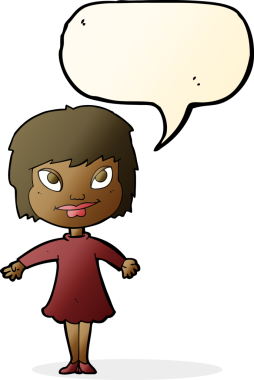 Bir insan tarafından çizilmiş konuşma baloncuğuyla omuz silken çizgi film kızı.