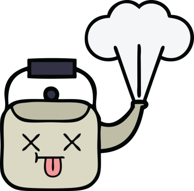 Bir insan tarafından çizilmiş dumanı tüten bir çaydanlığın sevimli çizgi filmi.