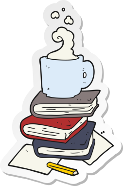 Çizgi roman çıkartması ve bir insan tarafından çizilmiş kahve fincanı.