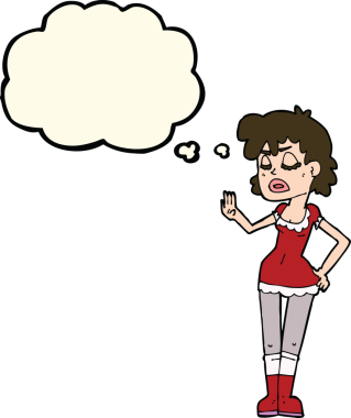 Bir insan tarafından çizilen düşünce baloncuğuyla kibirli bir jest yapan karikatür kadını.