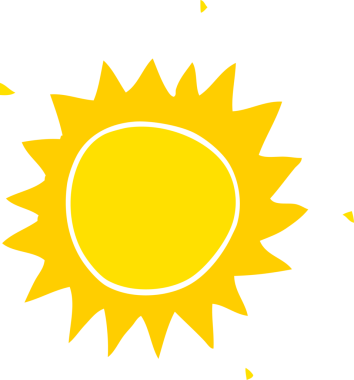 Bir insan tarafından çizilmiş düz renkli çizgi film güneşi