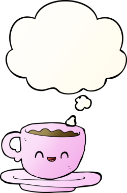 Bir insan tarafından çizilmiş yumuşak eğimli düşünce baloncuklu sıcak kahve.