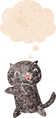 grunge 'da düşünce baloncuğu olan çizgi film kedisi bir insan tarafından çizilmiş dertli retro desenli