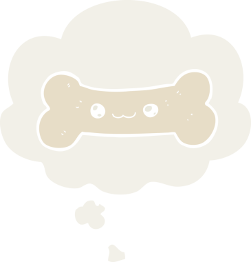 Düşünce baloncuğu olan karikatür kemiği insan tarafından çizilmiş.