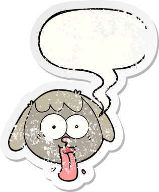 Çizgi film köpeğinin yüzü konuşma baloncuğuyla nefes nefese. Bir insan tarafından çizilmiş sıkıntılı eski bir çıkartma.