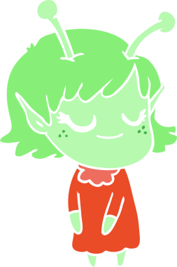 Gülümseyen uzaylı kız düz renkli çizgi film bir insan tarafından çizildi.