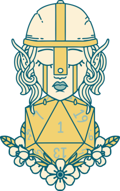 Retro Tattoo Tarzı Üzgün Elf Savaşçısı Karakteri Bir insan tarafından çizilmiş d20 ruloyla