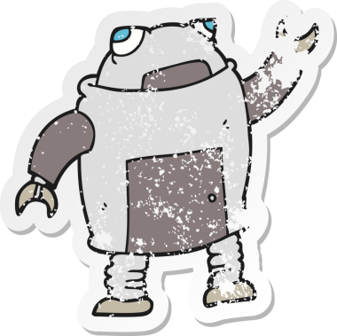 Bir insan tarafından çizilmiş karikatür robotunun gerilmiş yapıştırması.