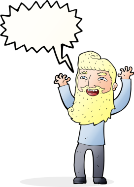 Çizgi film mutlu sakallı adam bir insan tarafından çizilmiş konuşma balonuyla kollarını sallıyor.