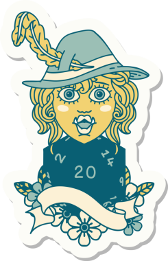 Bir insan tarafından çizilmiş 20 zarlı şarkı söyleyen yarı ork bir karakterin çıkartması.