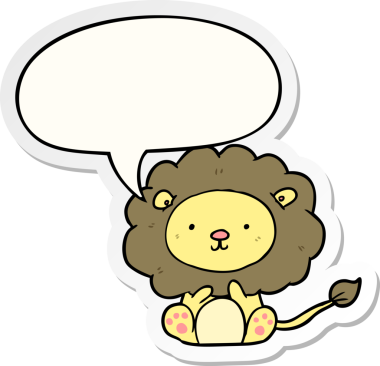 Bir insan tarafından çizilmiş konuşma kabarcığı çıkartmalı şirin çizgi film aslanı.