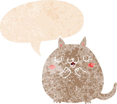 bir insan tarafından çizilmiş grunge sıkıntılı retro desenli konuşma baloncuklu tatlı kedi çizgi filmi