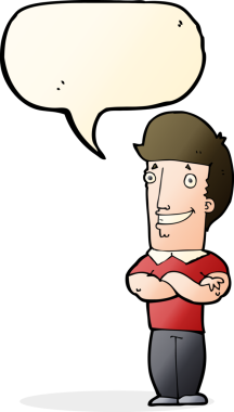 Bir insan tarafından çizilmiş konuşma balonuyla sırıtan kolları katlanmış çizgi film adamı.