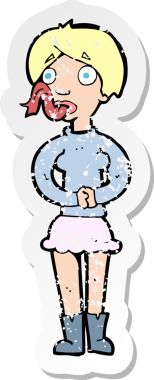 Bir insan tarafından çizilmiş yılan dili olan karikatürlü bir kadının gerilmiş yapıştırması.