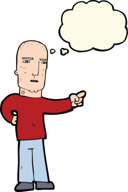 Bir insan tarafından çizilmiş düşünce baloncuğuyla işaret eden sert adam.