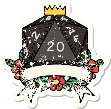 Bir insan tarafından çekilen 20 kritik vuruşluk D20 zar atımının grunge çıkartması.