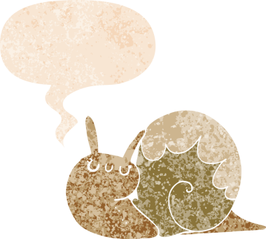 Tatlı çizgi film salyangozu ile konuşma balonu grunge sıkıntılı retro dokuma tarzı bir insan tarafından çizilmiş