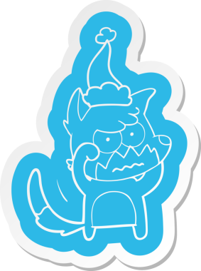 Bir insan tarafından çizilmiş Noel Baba şapkası giymiş kızgın bir tilkinin garip çizgi film çıkartması.