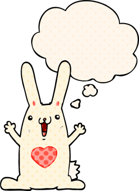 Çizgi roman tarzında bir insan tarafından çizilmiş düşünce baloncuğuna aşık çizgi film tavşanı