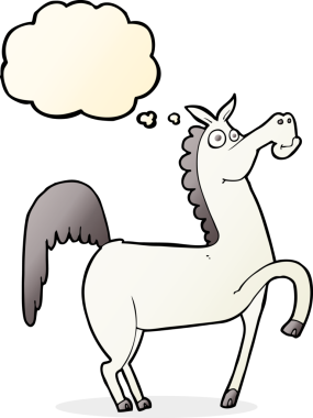 Bir insan tarafından çizilmiş düşünce baloncuklu komik bir at.