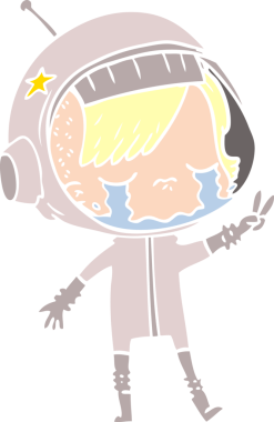 Düz renkli çizgi film ağlayan astronot kız bir insan tarafından çizilmiş.