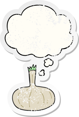 Düşünce baloncuklu karikatür soğanı insan tarafından çizilmiş yıpranmış bir çıkartma gibi.