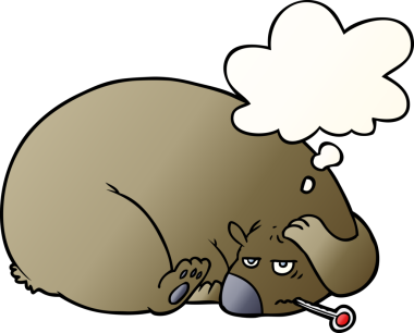 Çizgi film ayısı, kafası ağrıyan bir insan tarafından çizilmiş yumuşak eğimli düşünce baloncuğuyla.