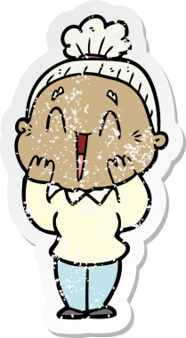 Bir insan tarafından çizilmiş mutlu, yaşlı bir kadının sıkıntılı çıkartması.