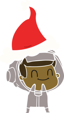 Mutlu el çizimi düz renk çizimi. Bir astronot Noel Baba şapkası takıyor.