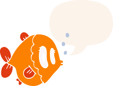 bir insan tarafından çizilmiş, konuşma baloncuklu çizgi film balığı.