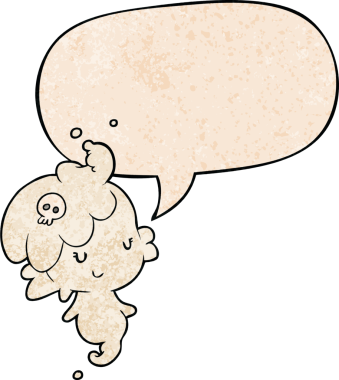 Bir insan tarafından çizilmiş geçmişe dönük konuşma baloncuğu olan şirin bir hayalet kız.