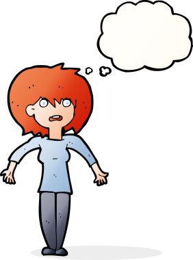 Bir insan tarafından çizilmiş düşünce baloncuğuyla omuz silken çizgi film kadını.