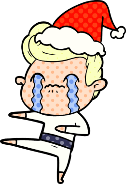 Bir insanın çizdiği Noel Baba şapkasıyla ağlayan bir adamın el çizimi çizgi roman tasviri.