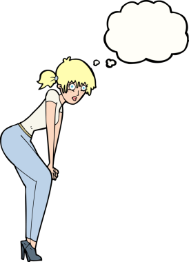 Bir insan tarafından çizilmiş düşünce balonuyla poz veren karikatür kadın.