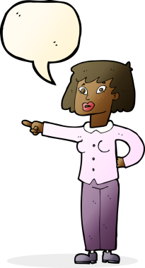 Bir insan tarafından çizilmiş bir konuşma balonuyla işaret eden çizgi film kadını.