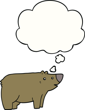 Bir insan tarafından çizilmiş düşünce baloncuklu çizgi film ayısı.