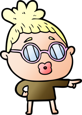 Bir insan tarafından çizilmiş gözlüklü bir karikatür kadın.