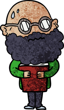 Bir insan tarafından çizilmiş sakallı ve gözlüklü endişeli bir adam.