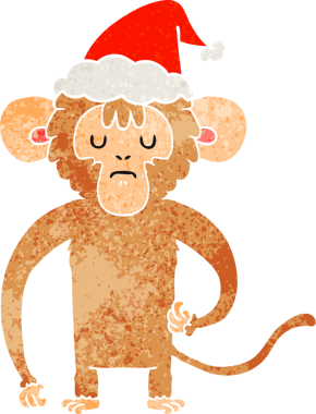 Bir insan tarafından çizilmiş Noel Baba şapkası takan bir maymunun el çizimi karikatürü