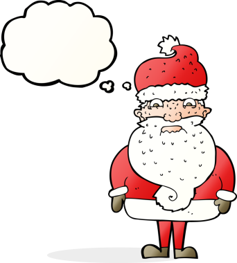 Huysuz Noel Baba çizgi filmi. Düşünce baloncuğu insan tarafından çizilmiş.