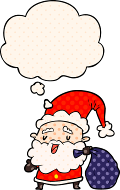 Çizgi roman tarzında bir insan tarafından çizilmiş çuvallı Noel Baba çizgi filmi.